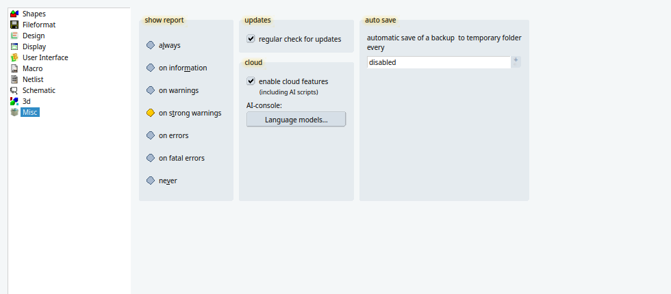 Setup dialog, page Misc, group cloud